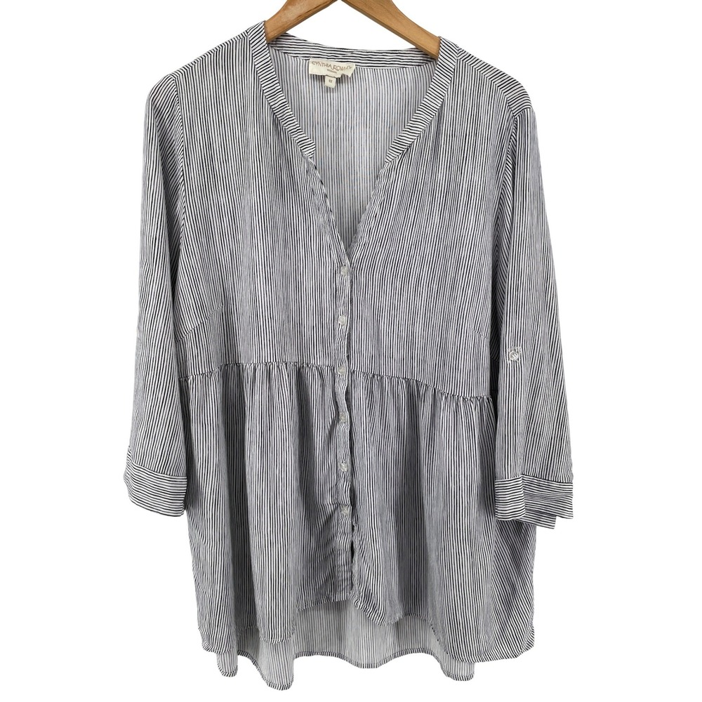 Cynthia Rowley Tunic Top Women 1X Black White Stripe Babydoll Roll-Tab Sleeve